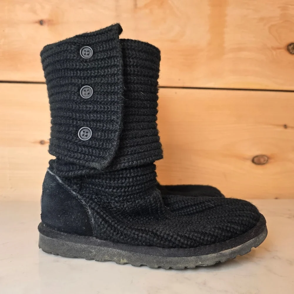 Ugg Cardy Boot Womens 6 Black Knit Fold Over Boots